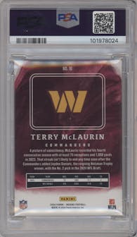 Terry McLaurin from the 2024 Panini Origins set featuring a Blue  parallel graded by PSA and given an overall grade of 9.