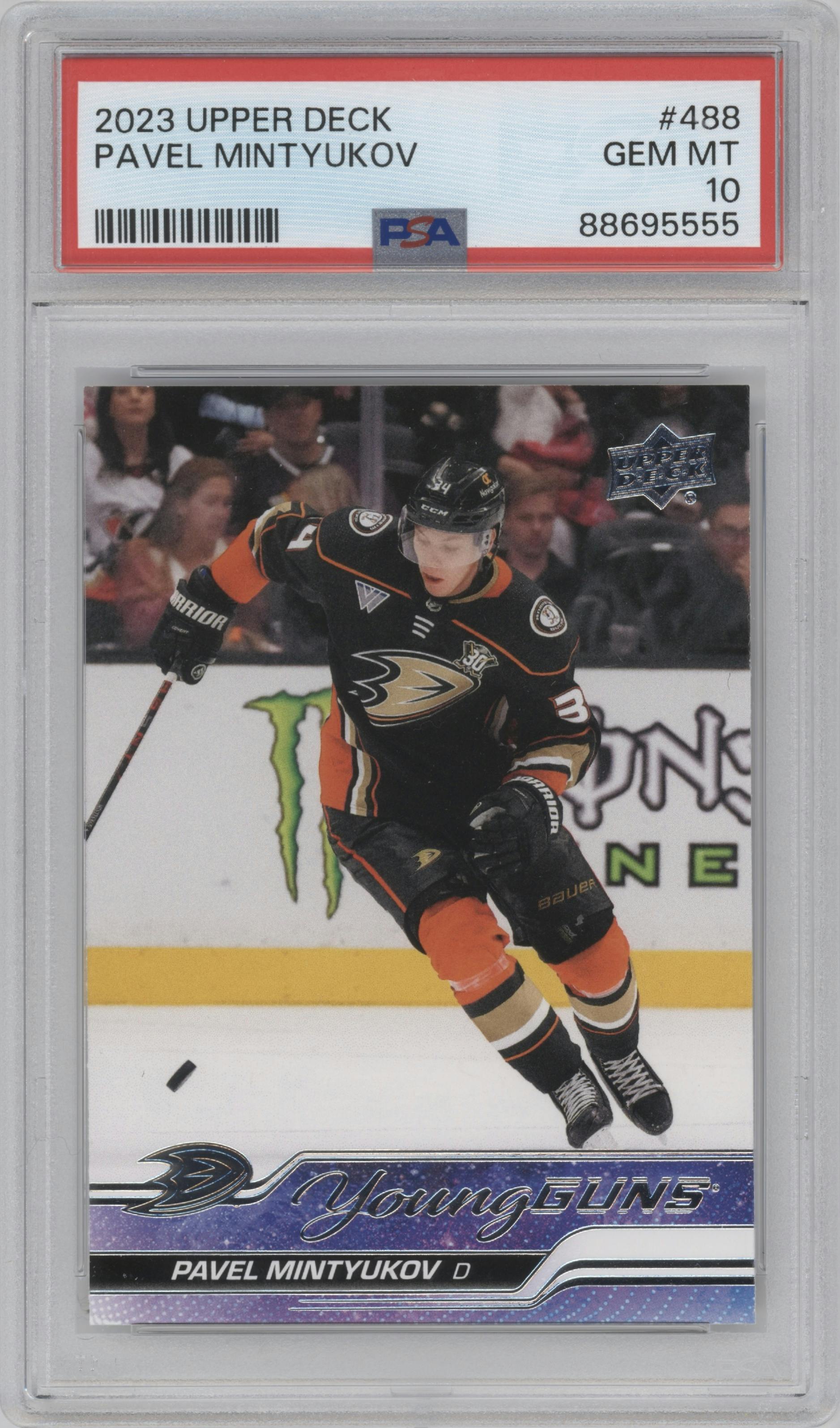 Pavel Mintyukov from the 2023-24 Upper Deck Series 2 set graded by PSA and given an overall grade of 10.