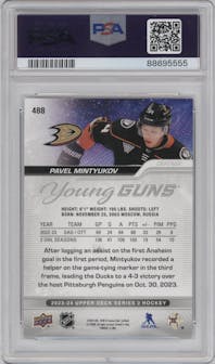 Pavel Mintyukov from the 2023-24 Upper Deck Series 2 set graded by PSA and given an overall grade of 10.