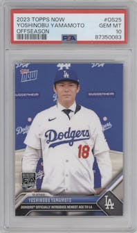 Yoshinobu Yamamoto from the 2023-24 Topps Now Off-Season set graded by PSA and given an overall grade of 10.