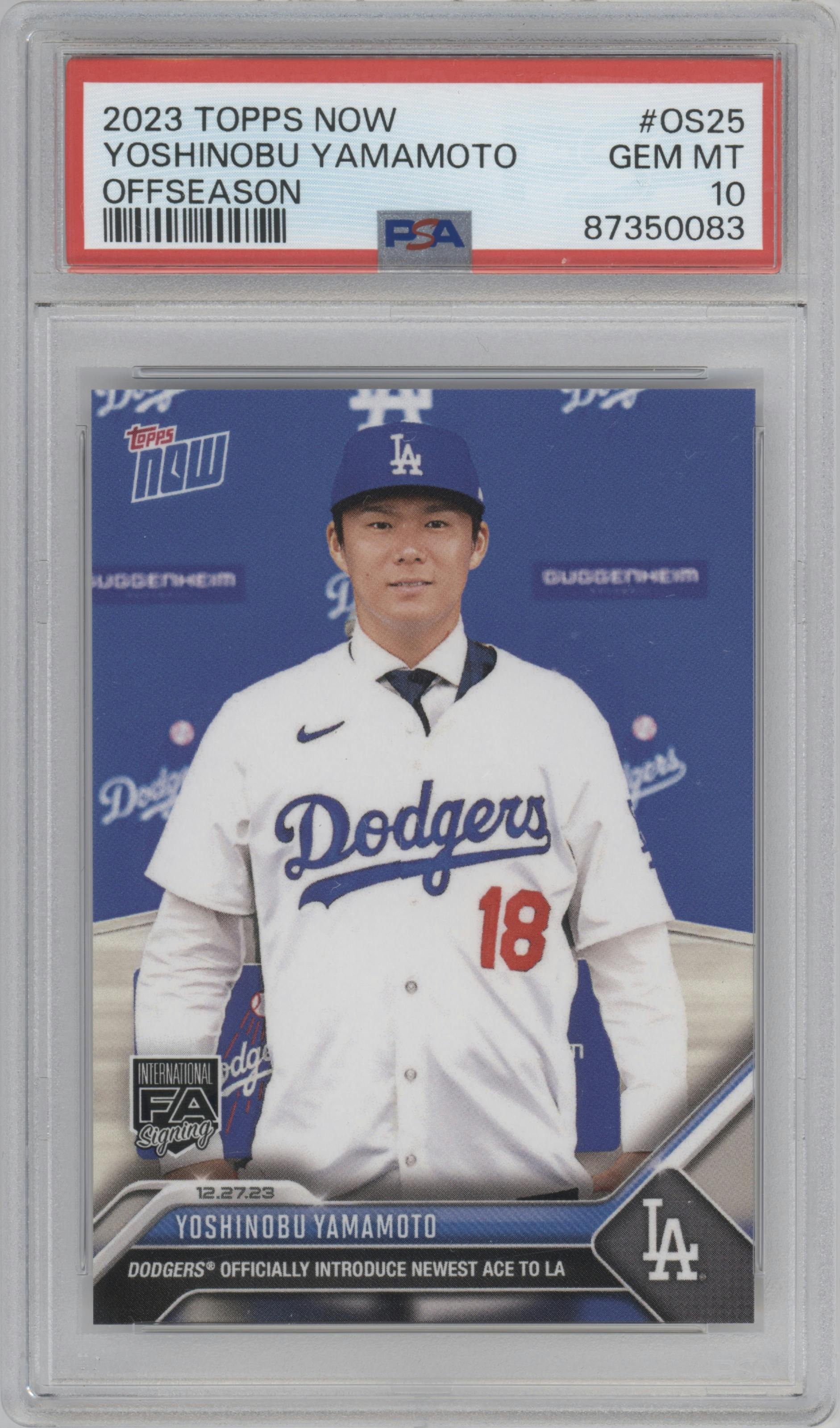Yoshinobu Yamamoto from the 2023-24 Topps Now Off-Season set graded by PSA and given an overall grade of 10.