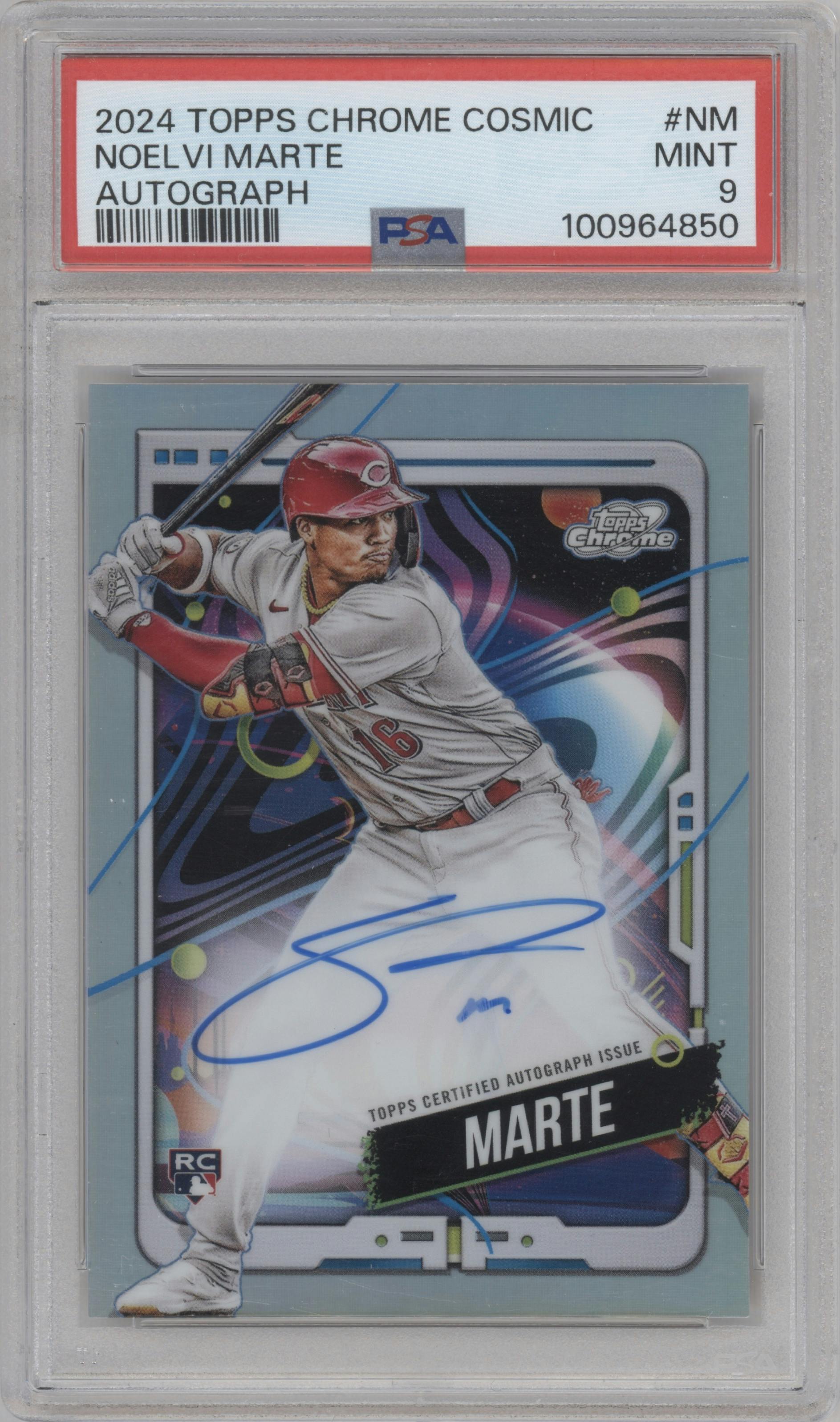 Noelvi Marte from the 2024 Topps Cosmic Chrome set graded by PSA and given an overall grade of 9.