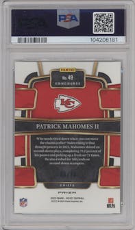 Patrick Mahomes II from the 2023 Panini Select set featuring a Dragon Scale parallel graded by PSA and given an overall grade of 10.