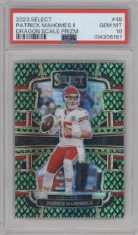 Patrick Mahomes II from the 2023 Panini Select set featuring a Dragon Scale parallel graded by PSA and given an overall grade of 10.