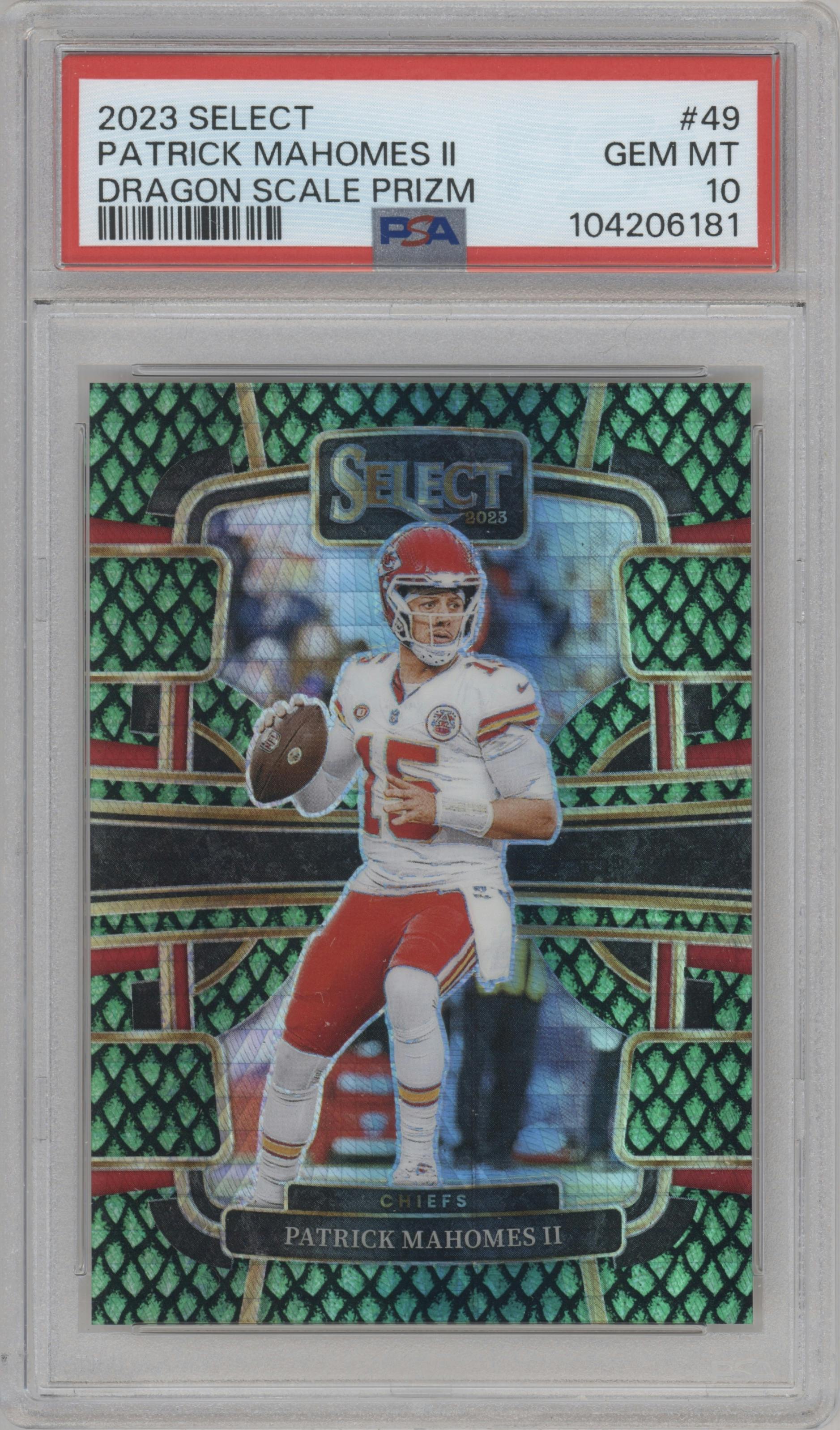 Patrick Mahomes II from the 2023 Panini Select set featuring a Dragon Scale parallel graded by PSA and given an overall grade of 10.