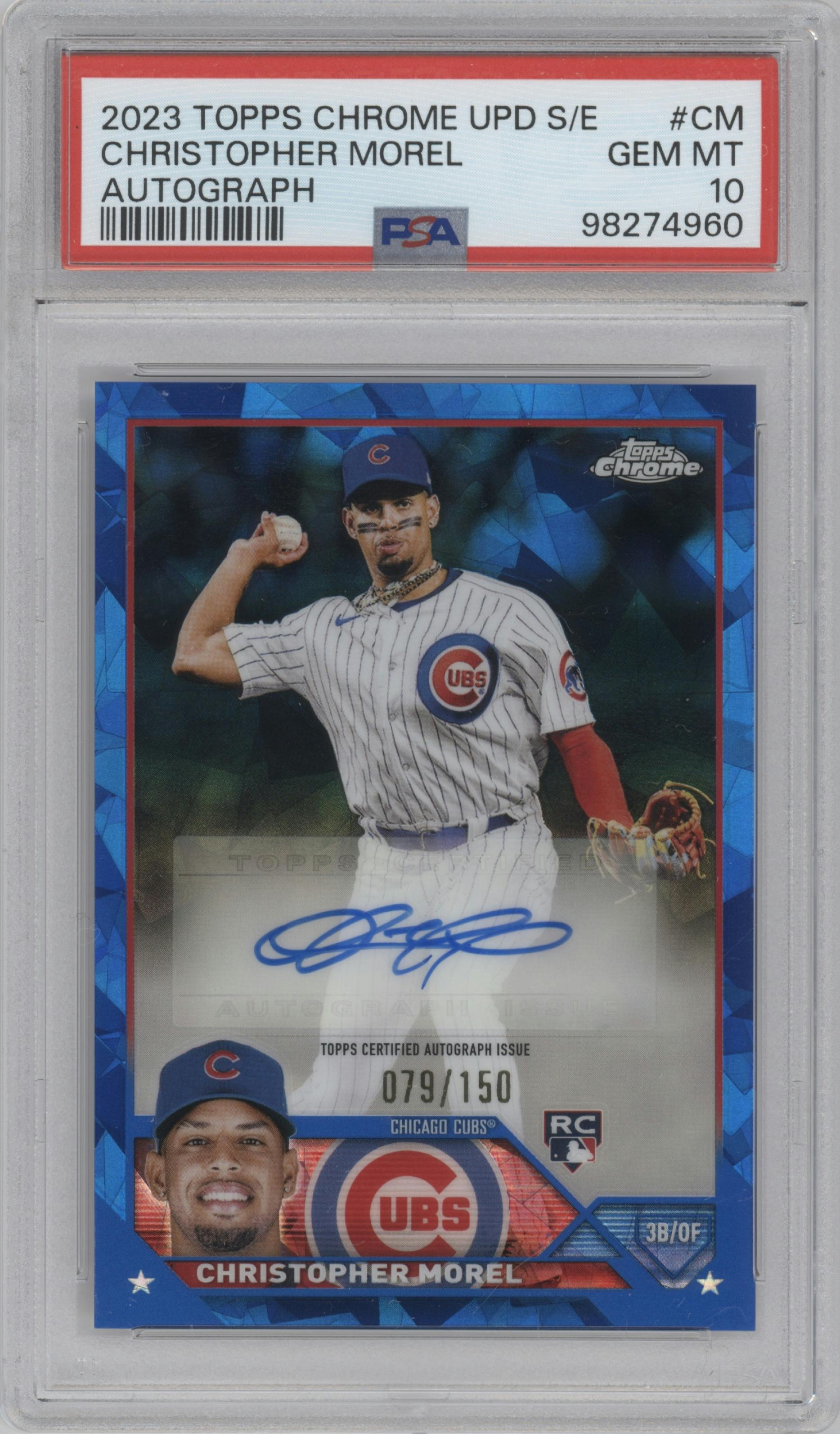 Christopher Morel from the 2023 Topps Chrome Update Series Sapphire Edition set graded by PSA and given an overall grade of 10.