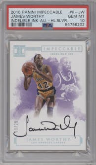 James Worthy from the 2016-17 Panini Impeccable set featuring a Holo Silver parallel graded by PSA and given an overall grade of 10.
