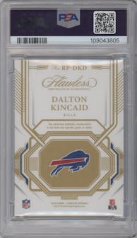 Dalton Kincaid from the 2023 Panini Flawless set featuring a Sapphire parallel graded by PSA and given an overall grade of 9.