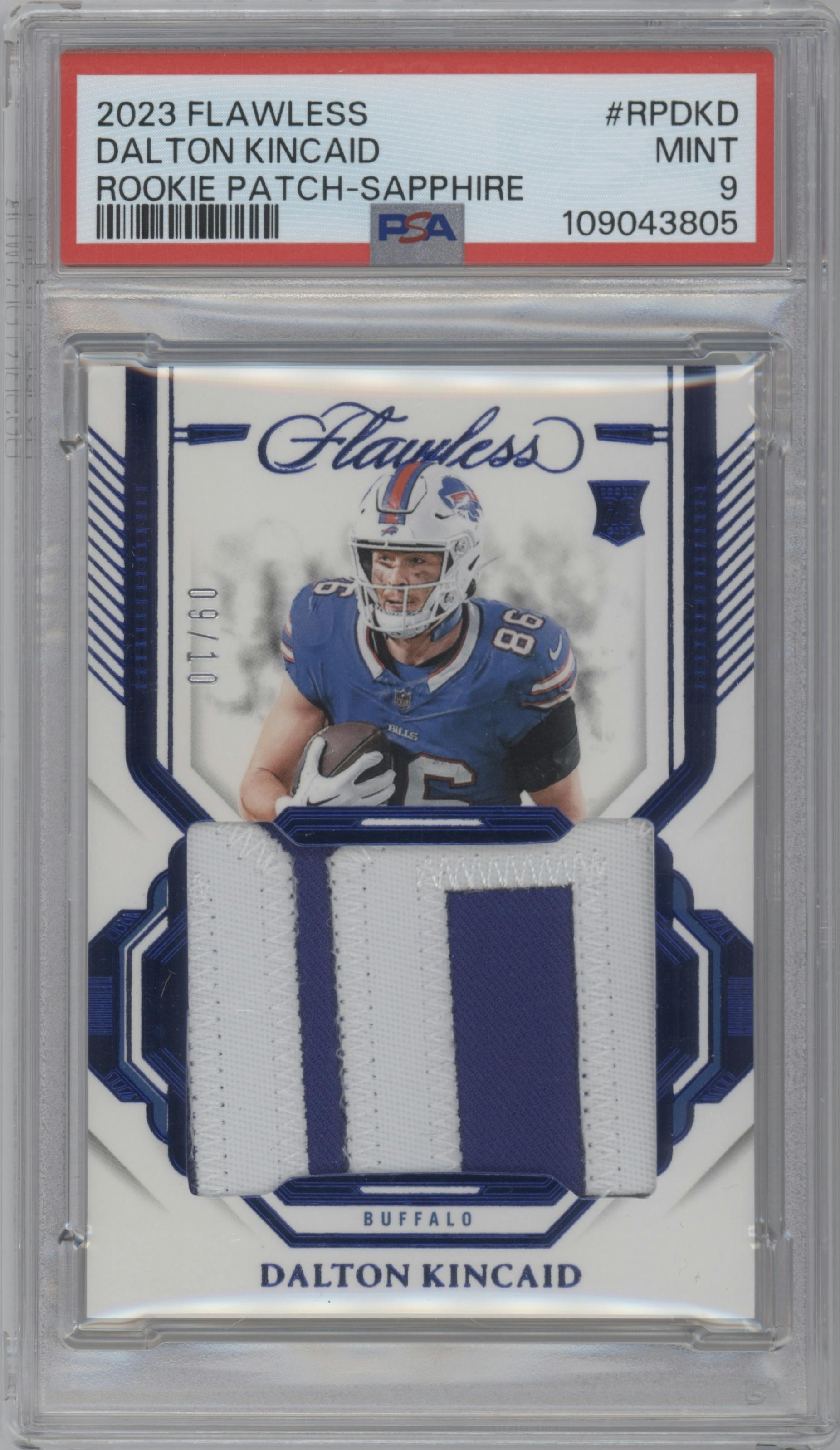 Dalton Kincaid from the 2023 Panini Flawless set featuring a Sapphire parallel graded by PSA and given an overall grade of 9.