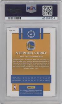 Stephen Curry from the 2017-18 Panini Donruss Optic set featuring a Holo parallel graded by PSA and given an overall grade of 10.