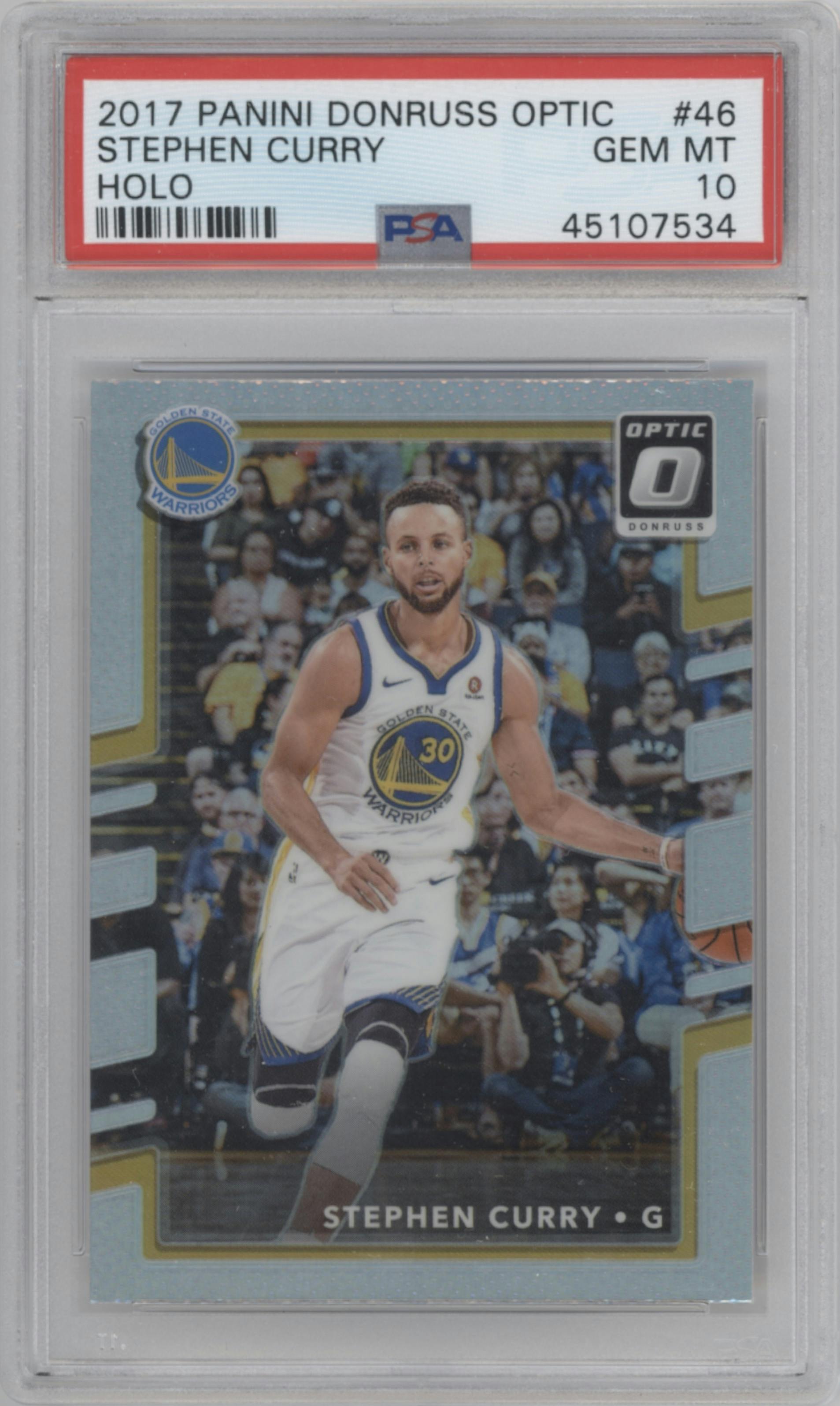 Stephen Curry from the 2017-18 Panini Donruss Optic set featuring a Holo parallel graded by PSA and given an overall grade of 10.