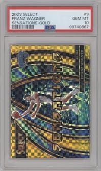 Franz Wagner from the 2023-24 Panini Select  set featuring a Gold Prizm parallel graded by PSA and given an overall grade of 10.