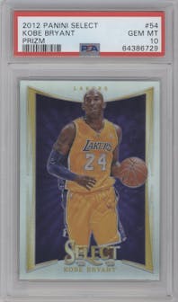 Kobe Bryant from the 2012-13 Panini Select set featuring a Prizm parallel graded by PSA and given an overall grade of 10.