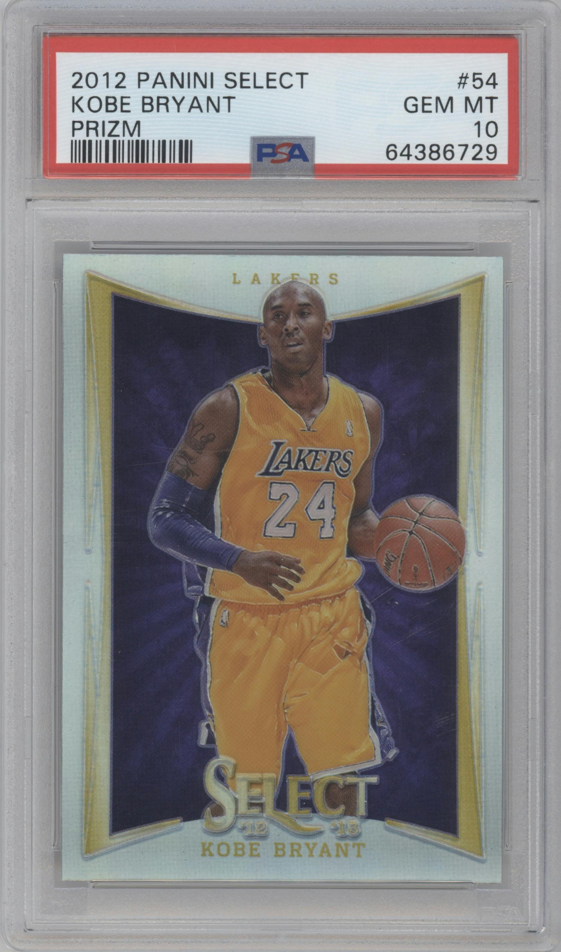 Kobe Bryant from the 2012-13 Panini Select set featuring a Prizm parallel graded by PSA and given an overall grade of 10.