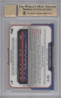 Gleyber Torres from the 2015 Bowman Chrome set graded by Beckett and given an overall grade of 9.5.