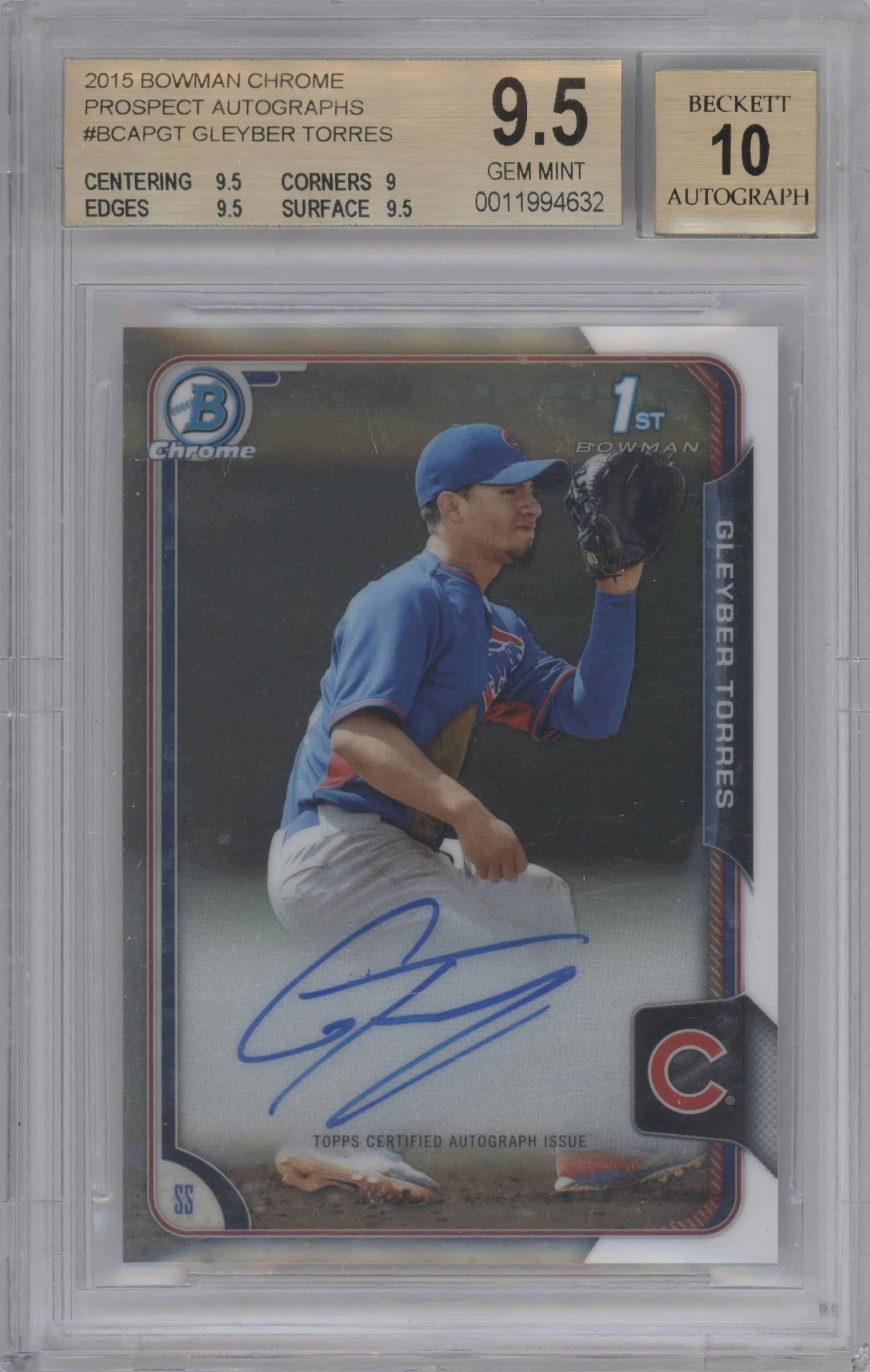 Gleyber Torres from the 2015 Bowman Chrome set graded by Beckett and given an overall grade of 9.5.