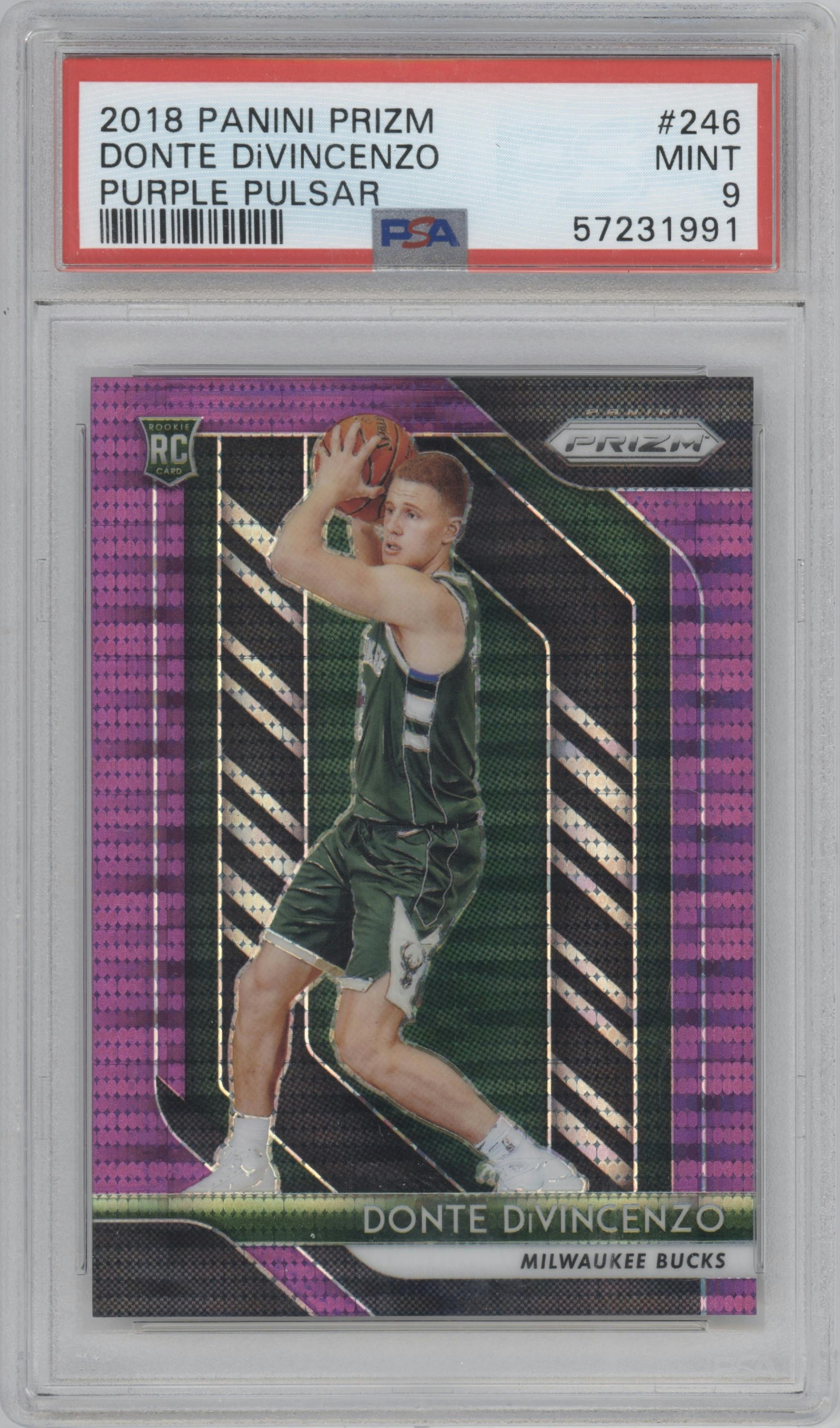 Donte DiVincenzo from the 2018-19 Panini Prizm set featuring a Purple Pulsar parallel graded by PSA and given an overall grade of 9.