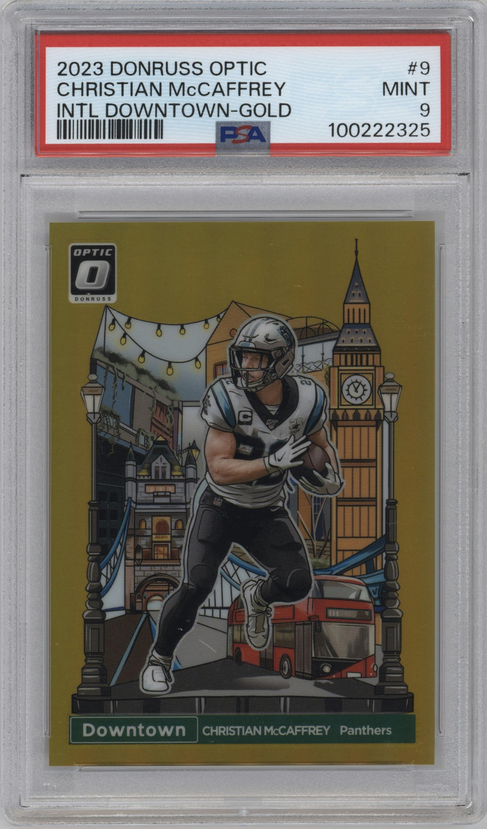 Christian McCaffrey from the 2023 Donruss Optic set featuring a Gold parallel graded by PSA and given an overall grade of 9.