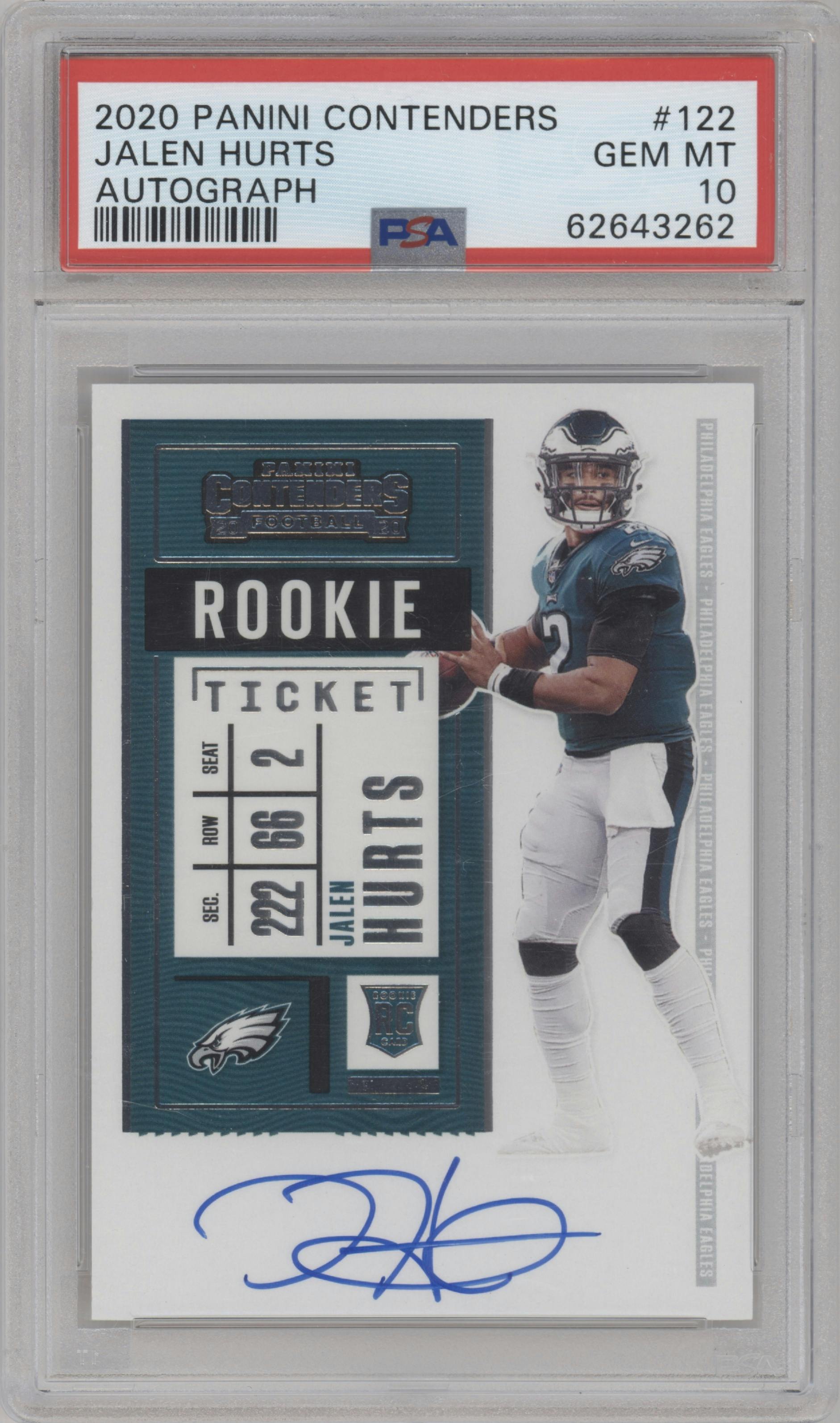 Jalen Hurts from the 2020 Panini Contenders set graded by PSA and given an overall grade of 10.