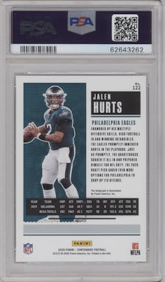 Jalen Hurts from the 2020 Panini Contenders set graded by PSA and given an overall grade of 10.