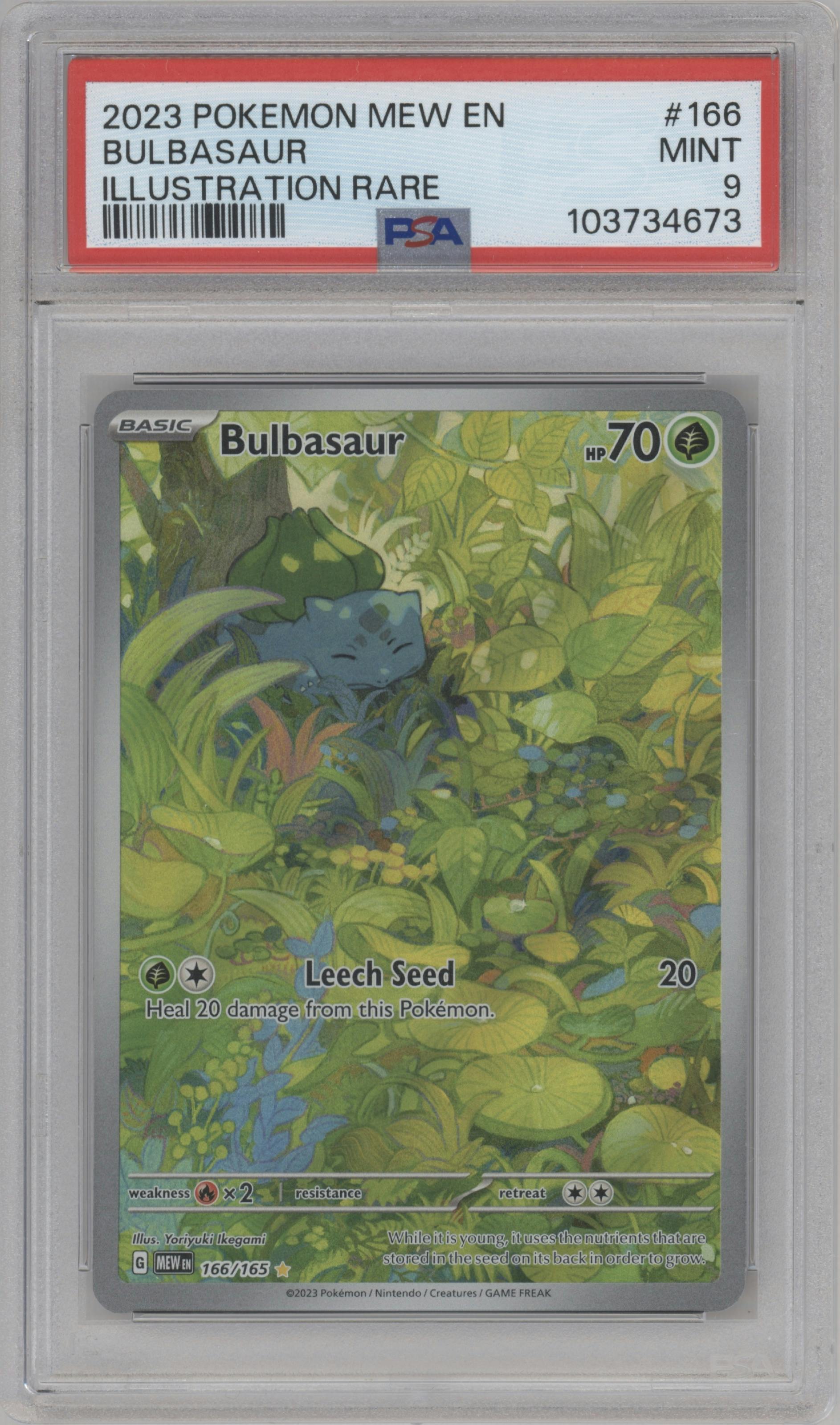 Bulbasaur from the 2023 Pokemon SV set graded by PSA and given an overall grade of 9.