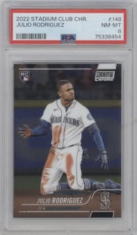 Julio Rodriguez from the 2022 Stadium Club Chrome set graded by PSA and given an overall grade of 8.