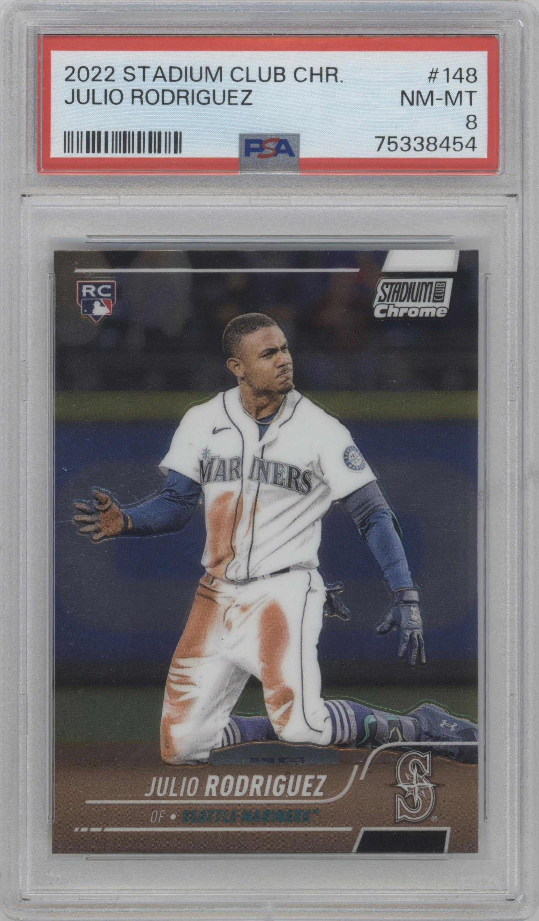 Julio Rodriguez from the 2022 Stadium Club Chrome set graded by PSA and given an overall grade of 8.