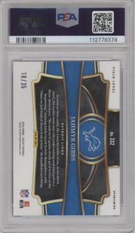Jahmyr Gibbs from the 2023 Panini Select set featuring a White Prizm parallel graded by PSA and given an overall grade of 10.