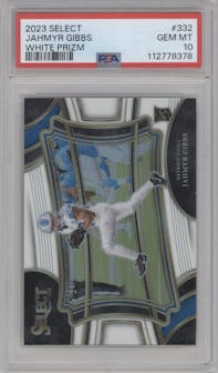 Jahmyr Gibbs from the 2023 Panini Select set featuring a White Prizm parallel graded by PSA and given an overall grade of 10.