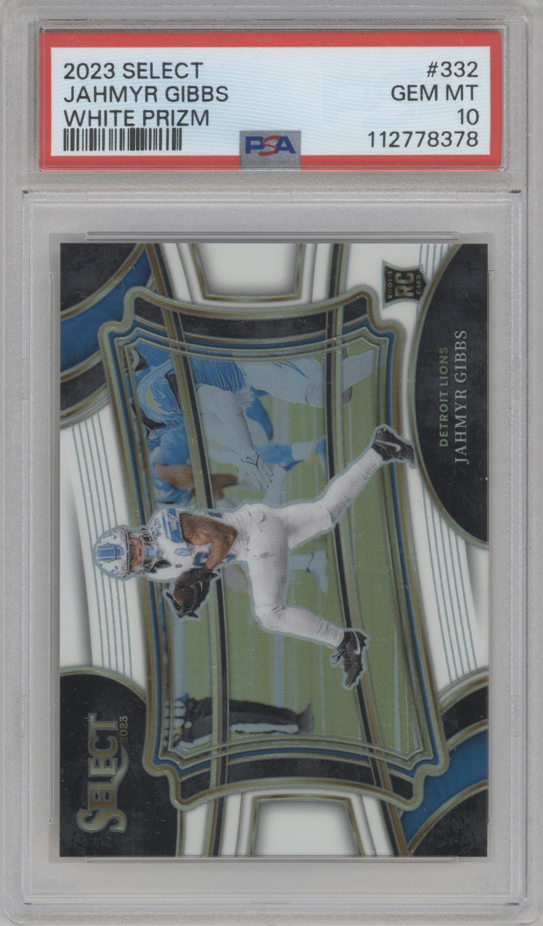 Jahmyr Gibbs from the 2023 Panini Select set featuring a White Prizm parallel graded by PSA and given an overall grade of 10.