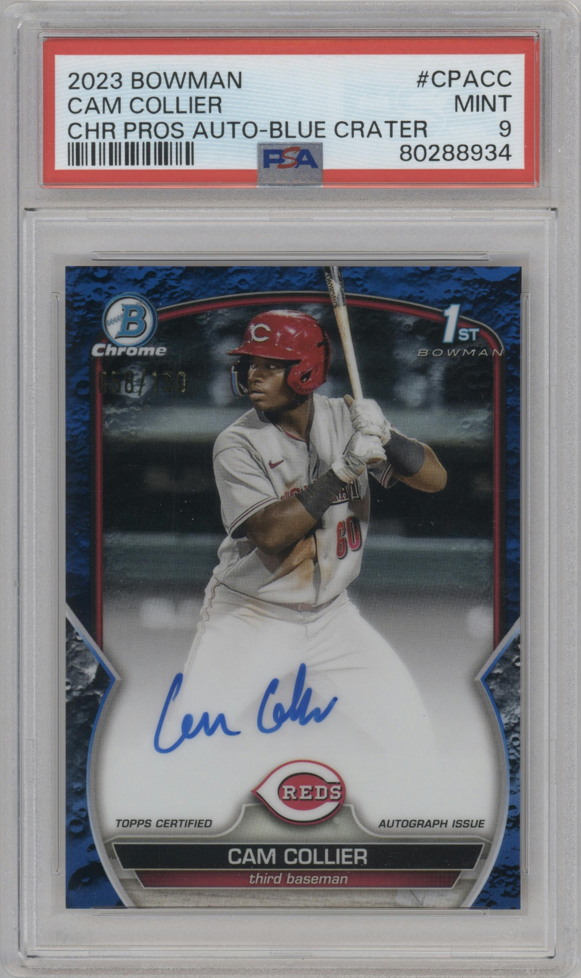 Cam Collier from the 2023 Bowman  set featuring a Blue Lunar Crater Refractor parallel graded by PSA and given an overall grade of 9.