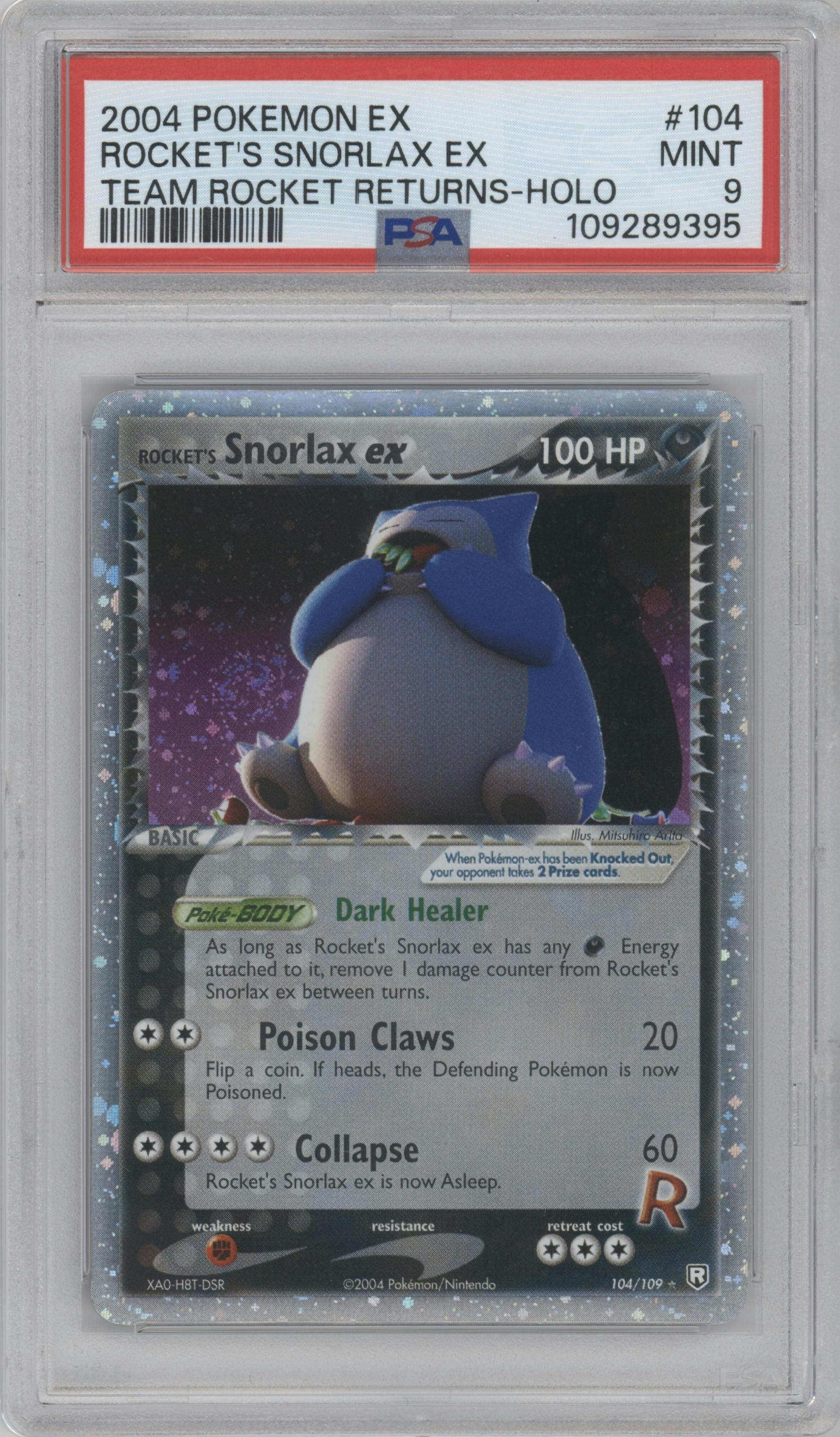 Rocket's Snorlax EX from the 2004 Pokemon EX set graded by PSA and given an overall grade of 9.