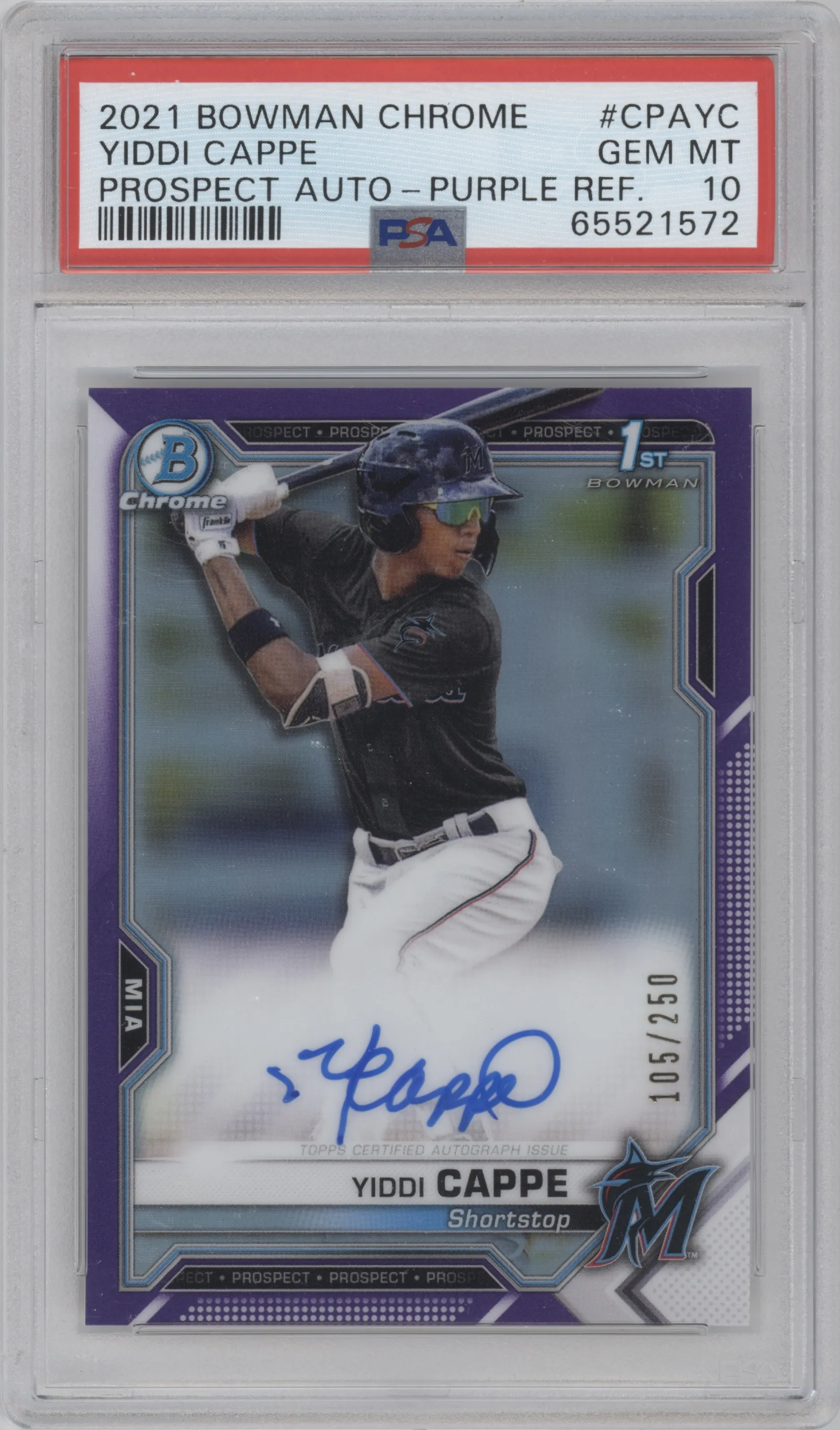 2021 Bowman Chrome Pros.Auto Yiddi Cappe Purple Refractor PSA 10