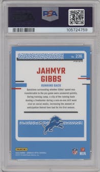 Jahmyr Gibbs from the 2023 Donruss Optic set featuring a Holo parallel graded by PSA and given an overall grade of 9.