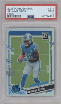 Jahmyr Gibbs from the 2023 Donruss Optic set featuring a Holo parallel graded by PSA and given an overall grade of 9.