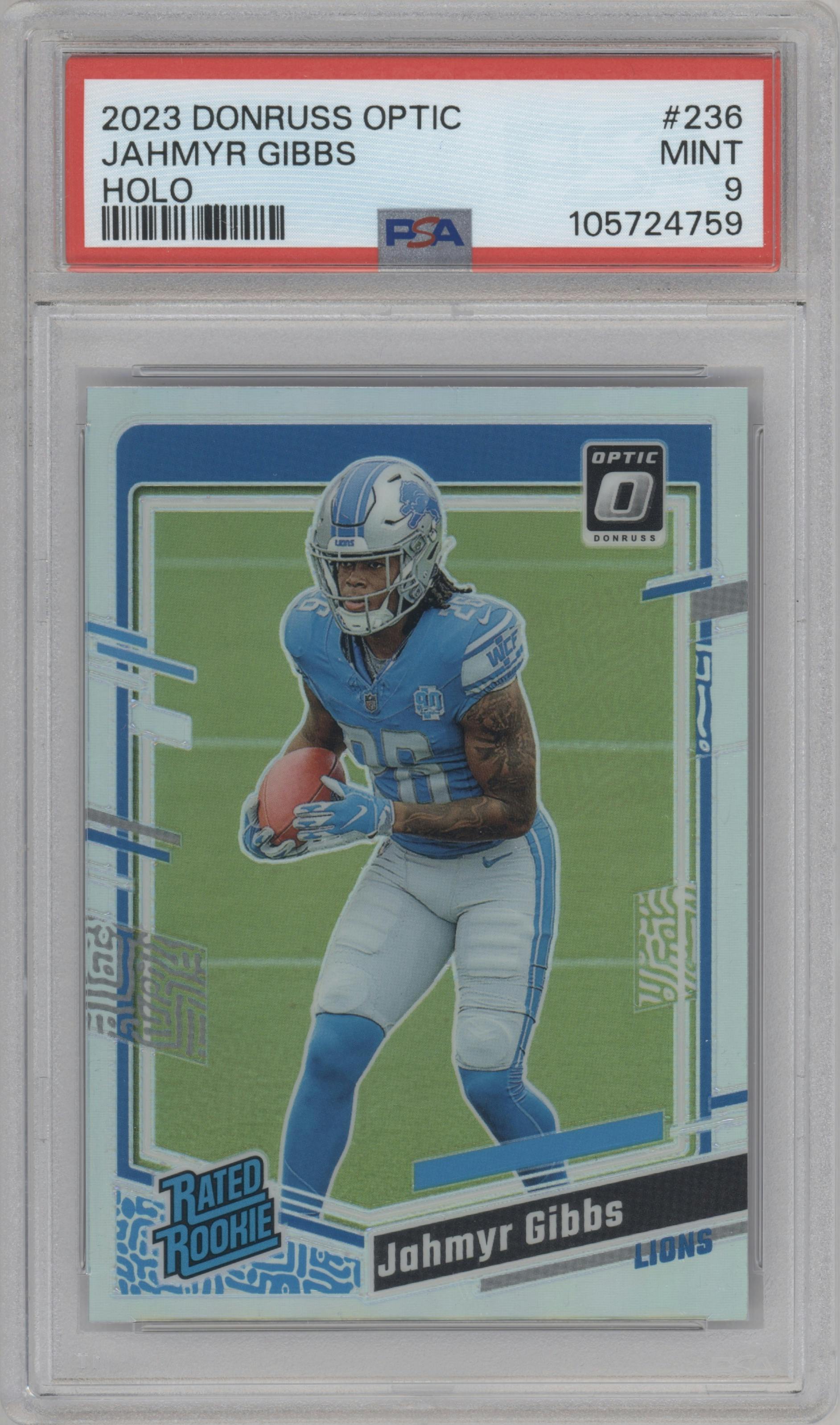 Jahmyr Gibbs from the 2023 Donruss Optic set featuring a Holo parallel graded by PSA and given an overall grade of 9.