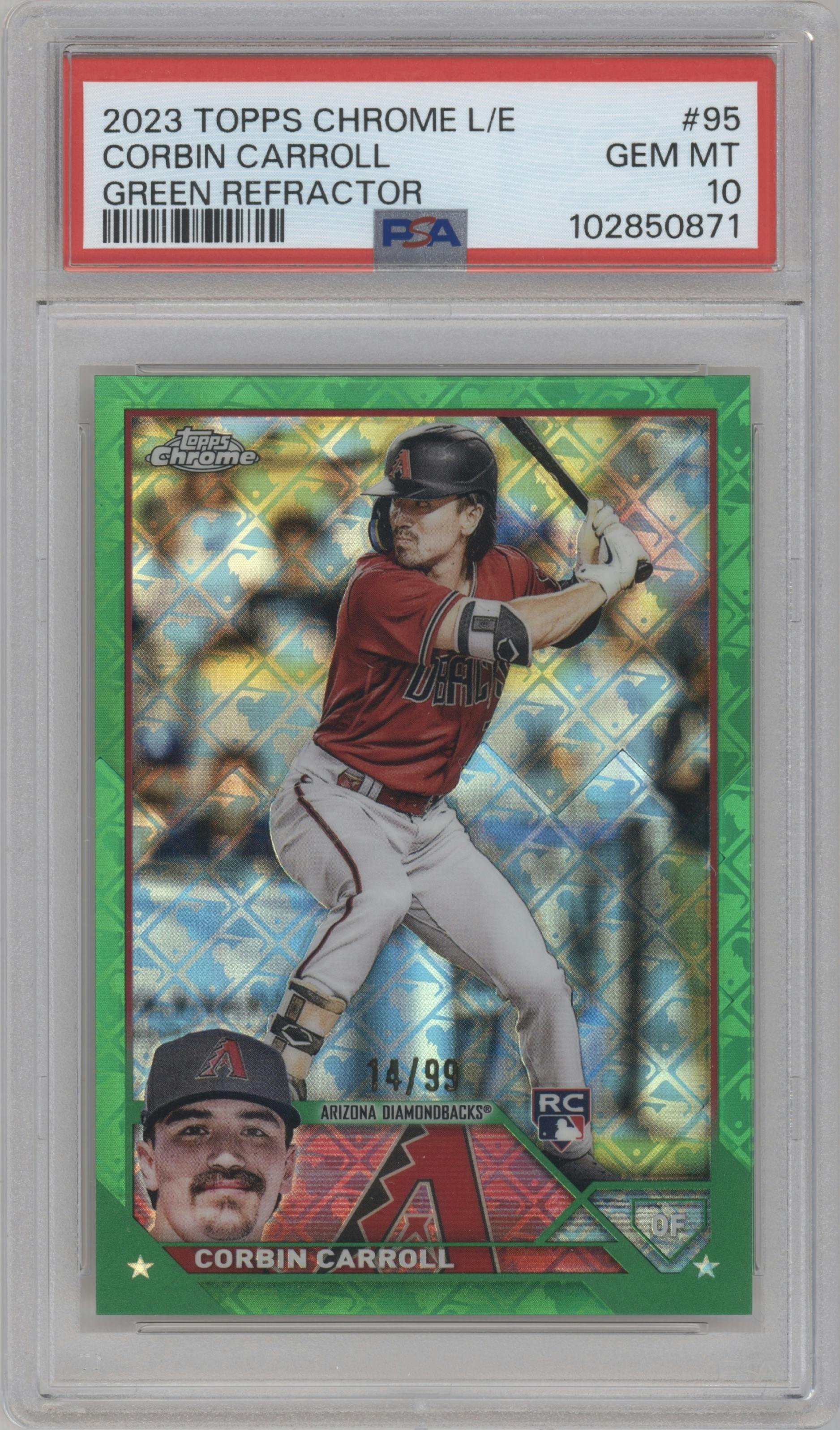 Corbin Carroll from the 2023 Topps Chrome Logofractor Edition set featuring a Green Refractor parallel graded by PSA and given an overall grade of 10.
