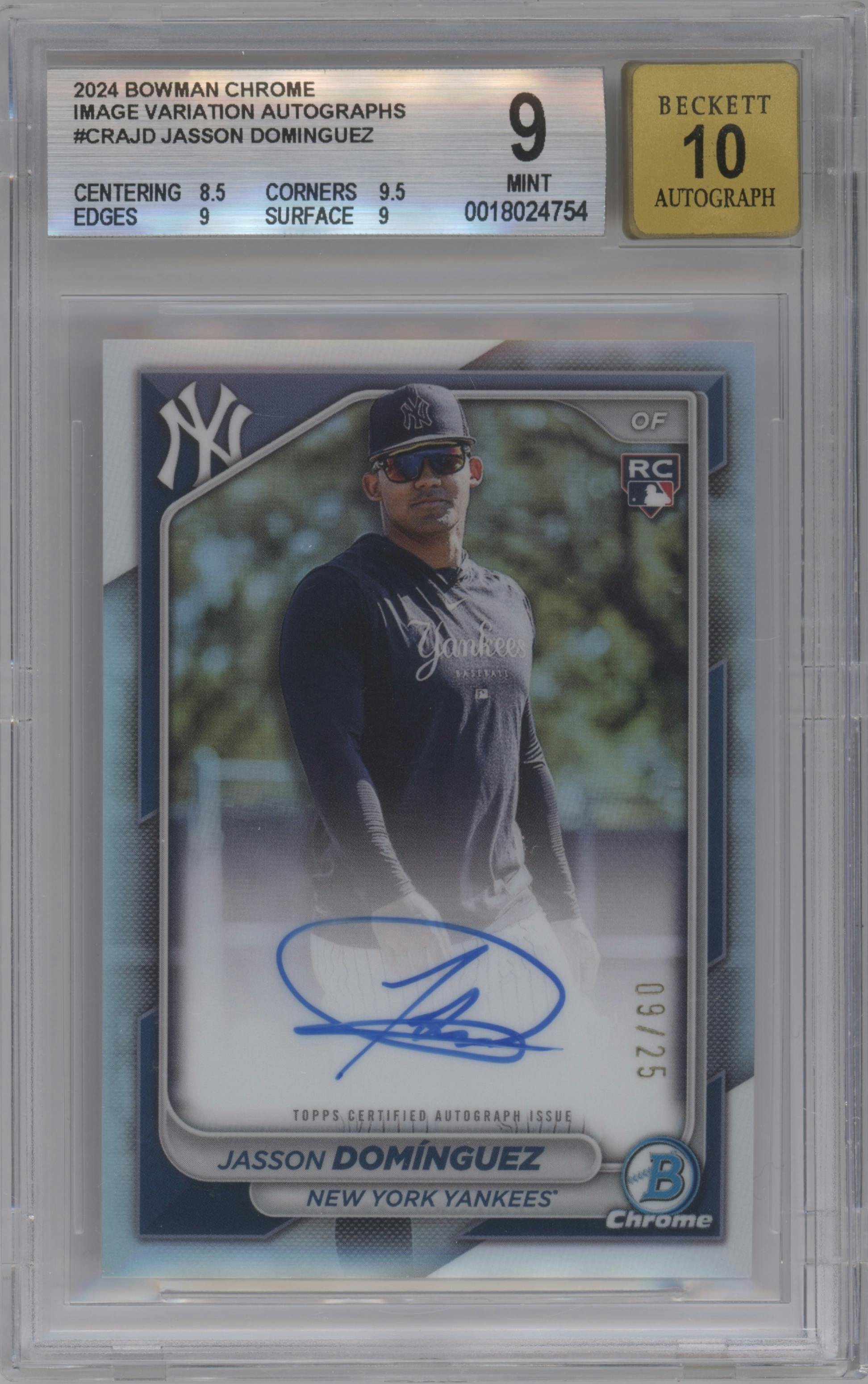 Jasson Dominguez from the 2024 Bowman Chrome set graded by Beckett and given an overall grade of 9.