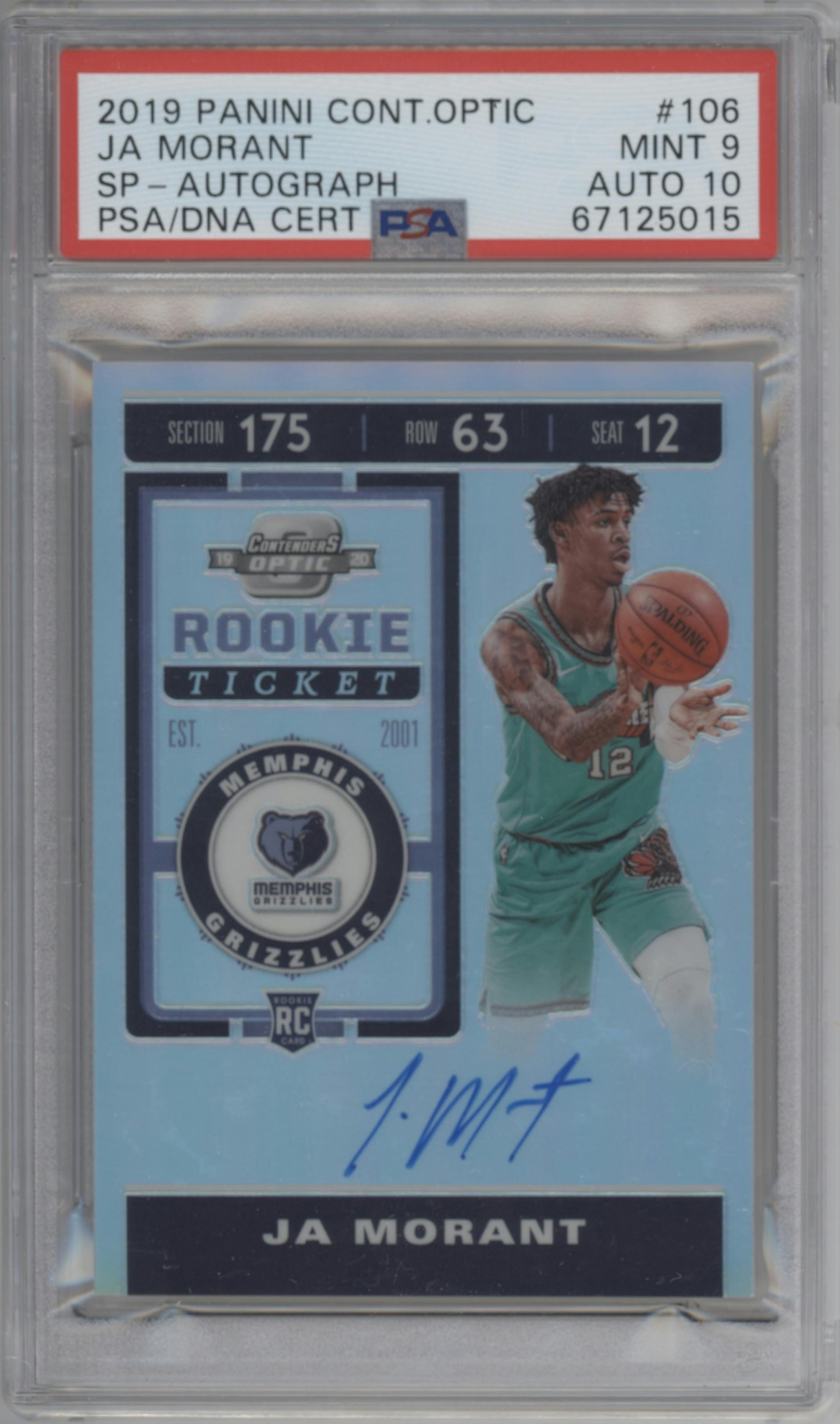 Ja Morant from the 2019-20 Panini Contenders Optic set graded by PSA and given an overall grade of 9.