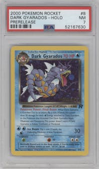 Dark Gyarados from the 2000 Pokemon set featuring a Pre-Release parallel graded by PSA and given an overall grade of 7.
