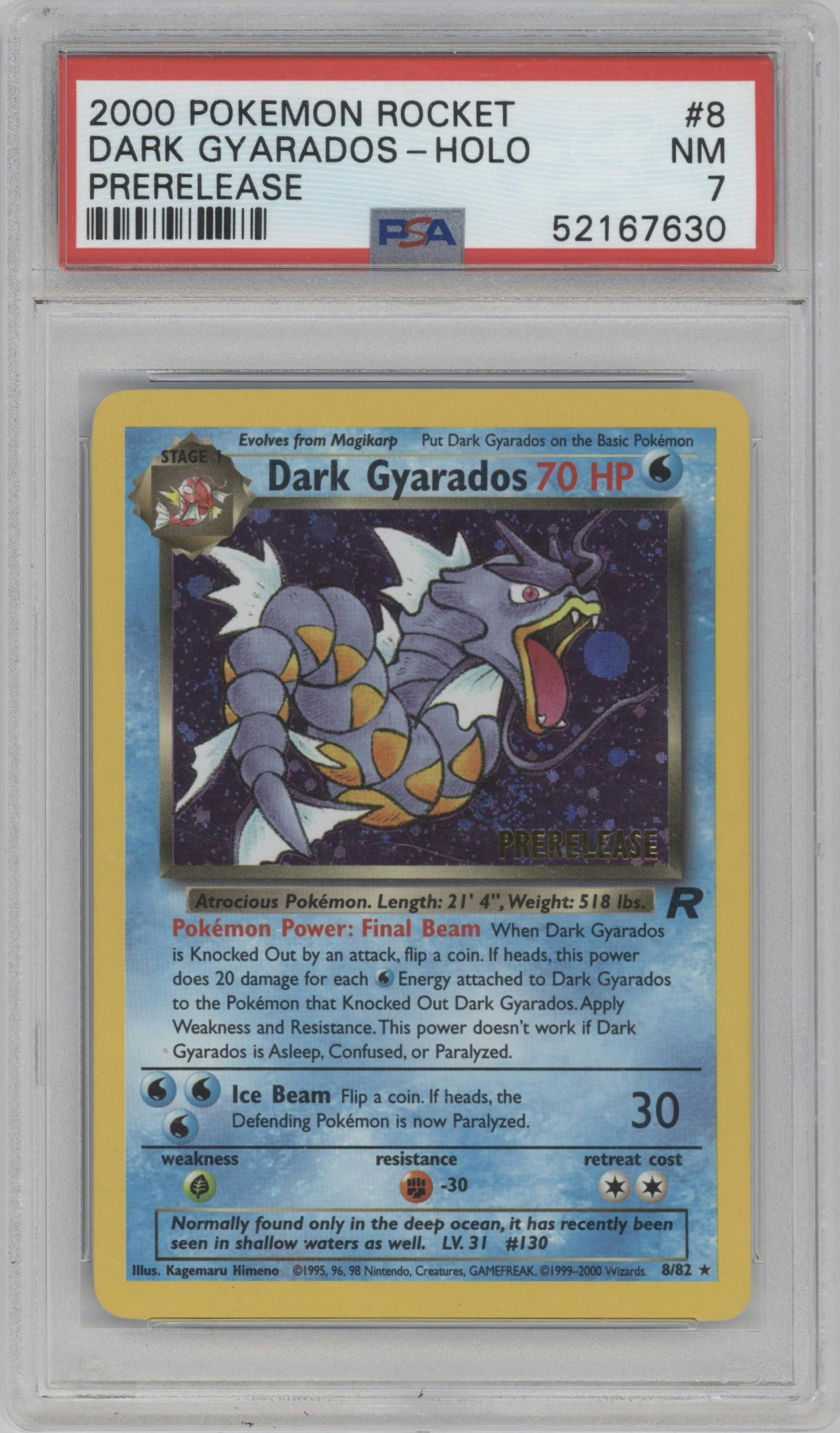 Dark Gyarados from the 2000 Pokemon set featuring a Pre-Release parallel graded by PSA and given an overall grade of 7.
