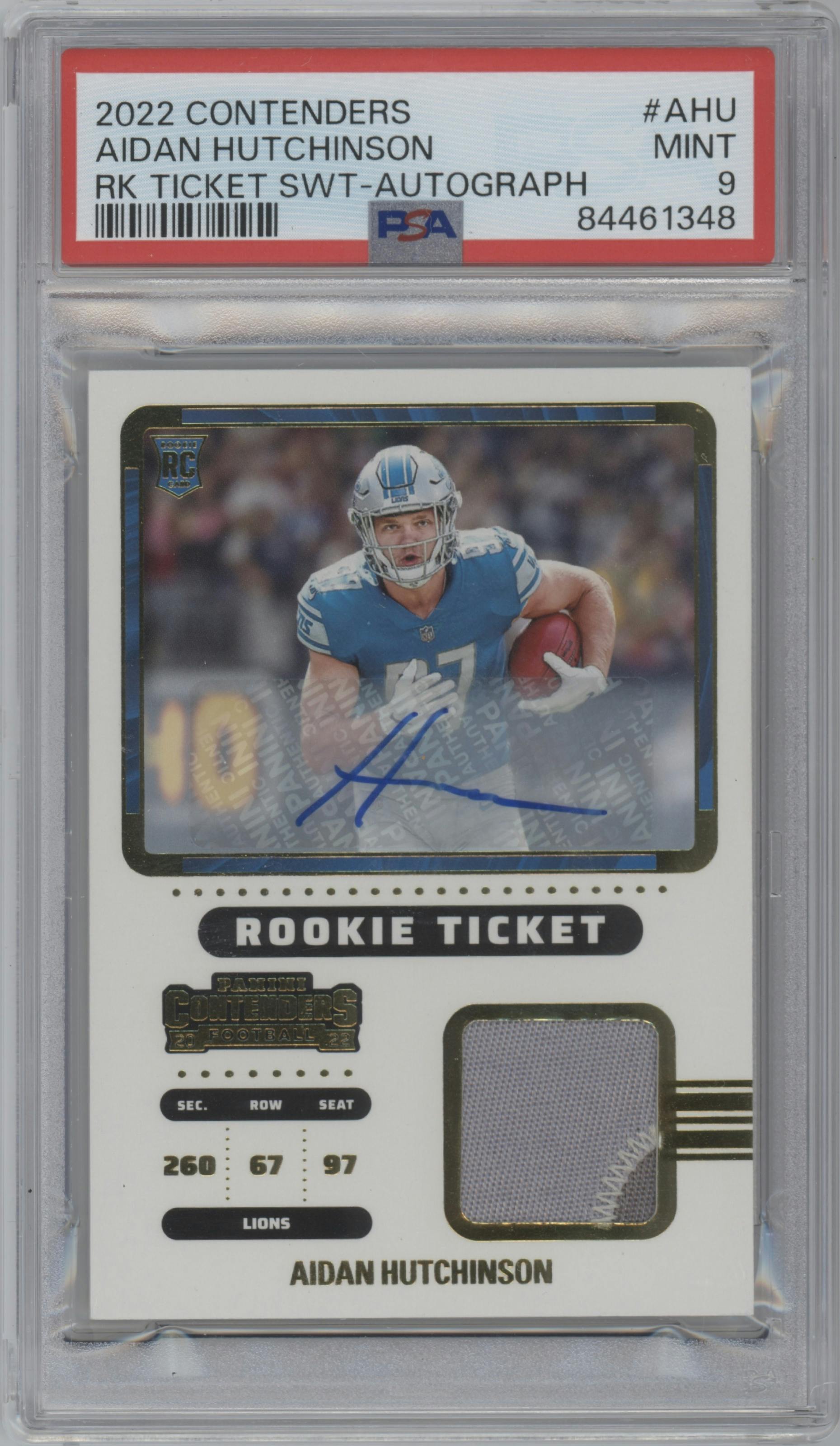 Aidan Hutchinson from the 2022 Panini Contenders set graded by PSA and given an overall grade of 9.