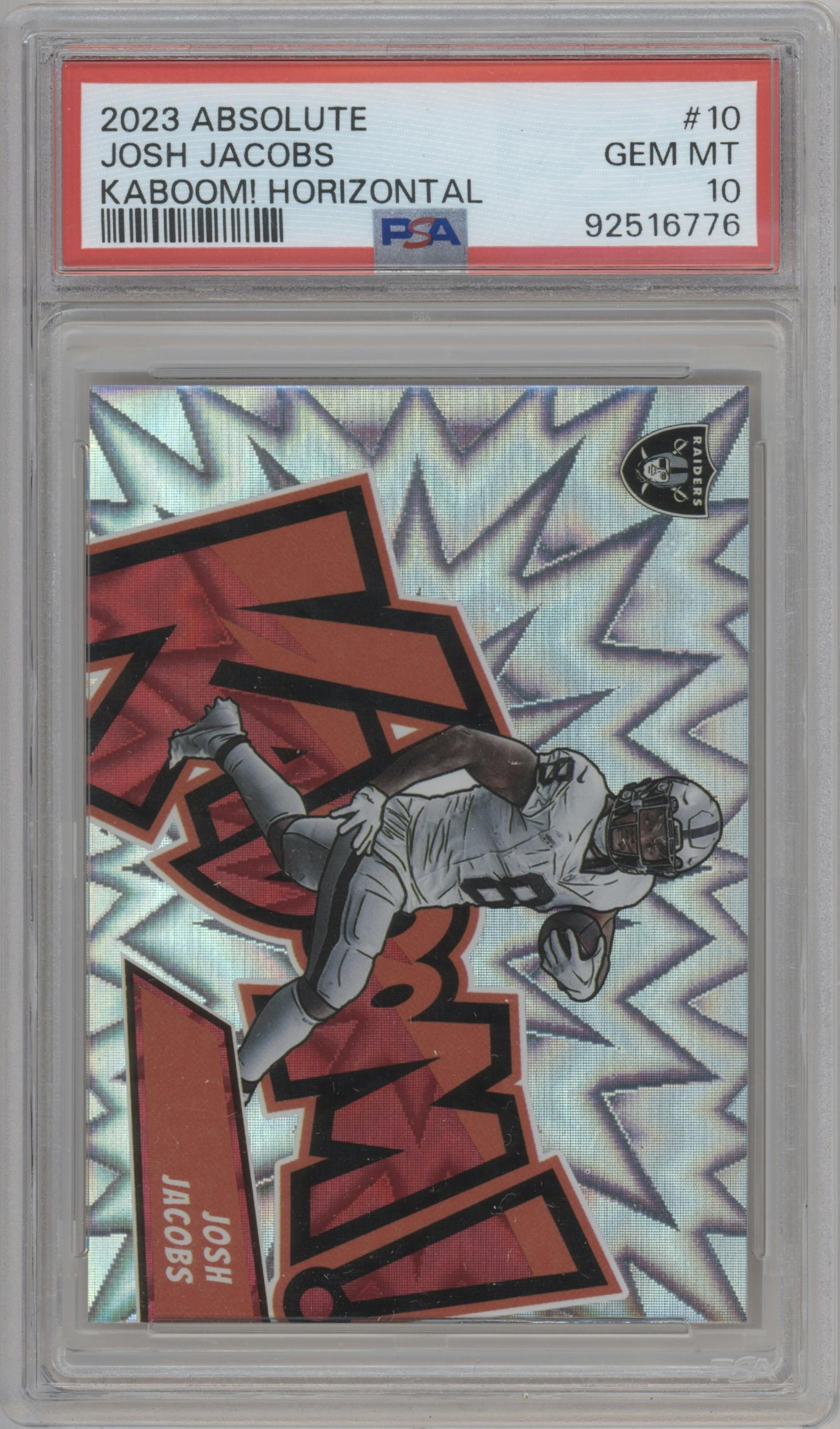 Josh Jacobs from the 2023 Panini Absolute set graded by PSA and given an overall grade of 10.