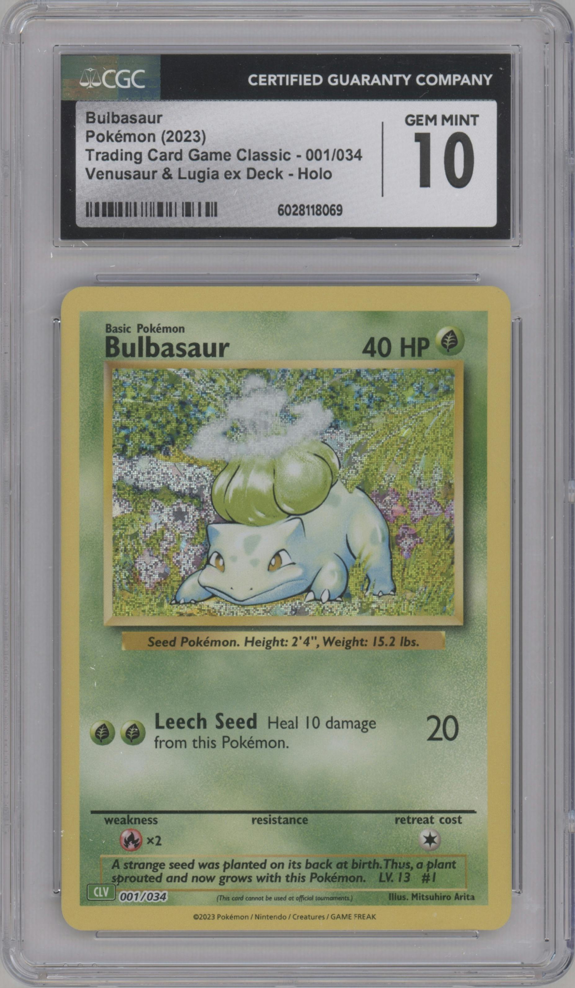 Bulbasaur from the 2023 Pokemon CLV set graded by CSG and given an overall grade of 10.