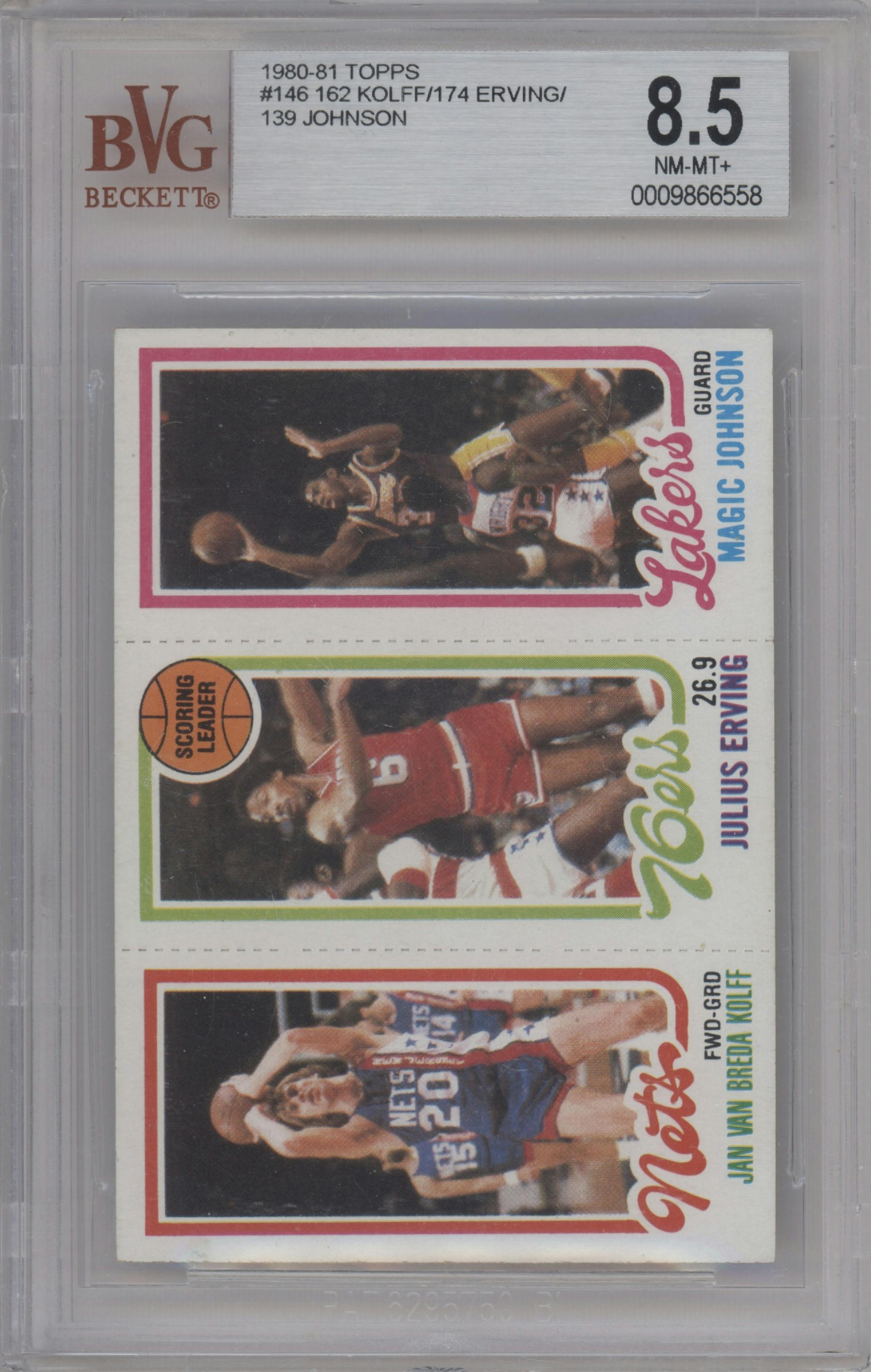 Magic Johnson/Julius Erving/Jan Van Breda Kolff from the 1980-81 Topps set graded by Beckett and given an overall grade of 8.5.