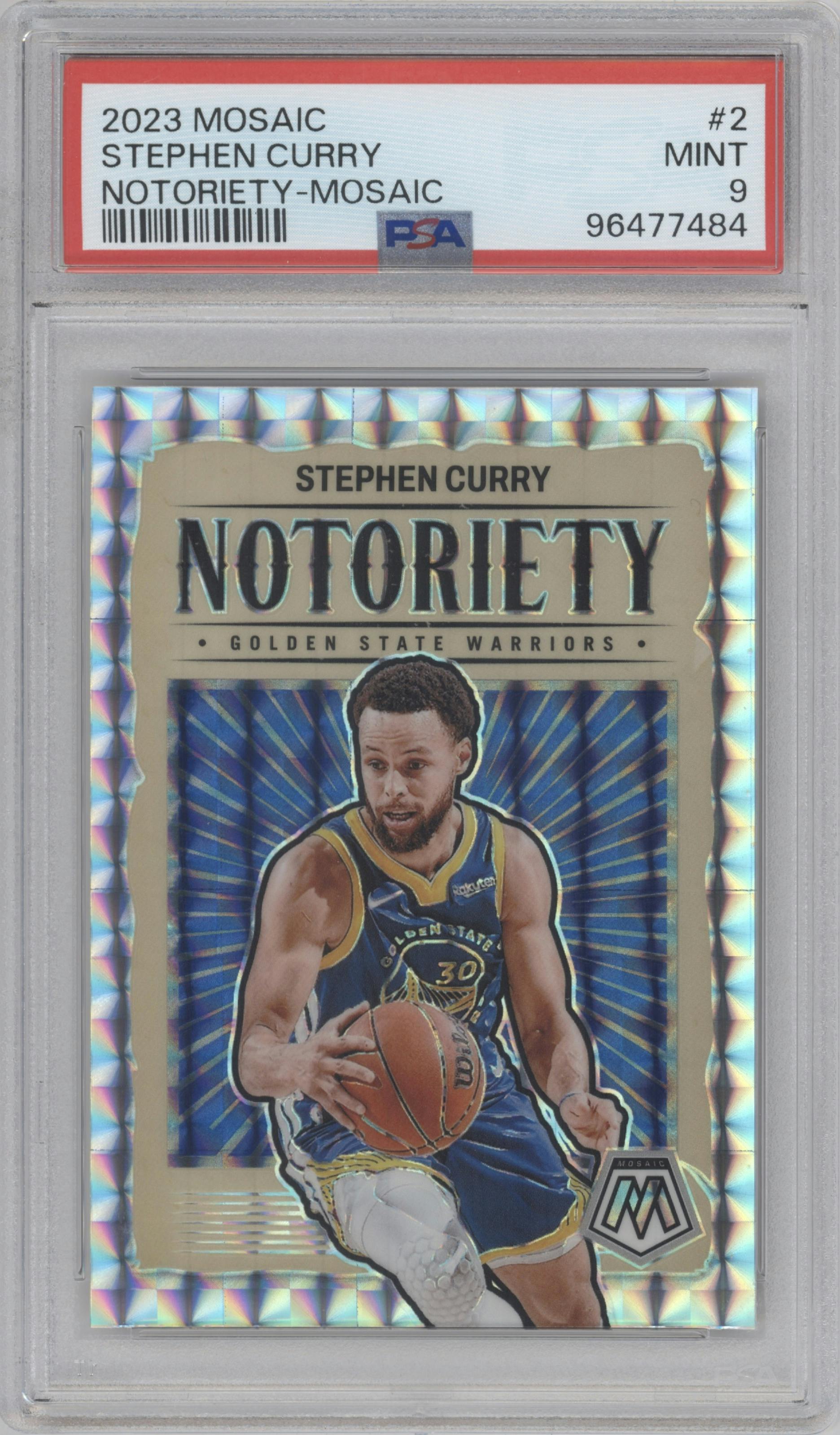Stephen Curry from the 2023-24 Panini Mosaic set featuring a Mosaic parallel graded by PSA and given an overall grade of 9.