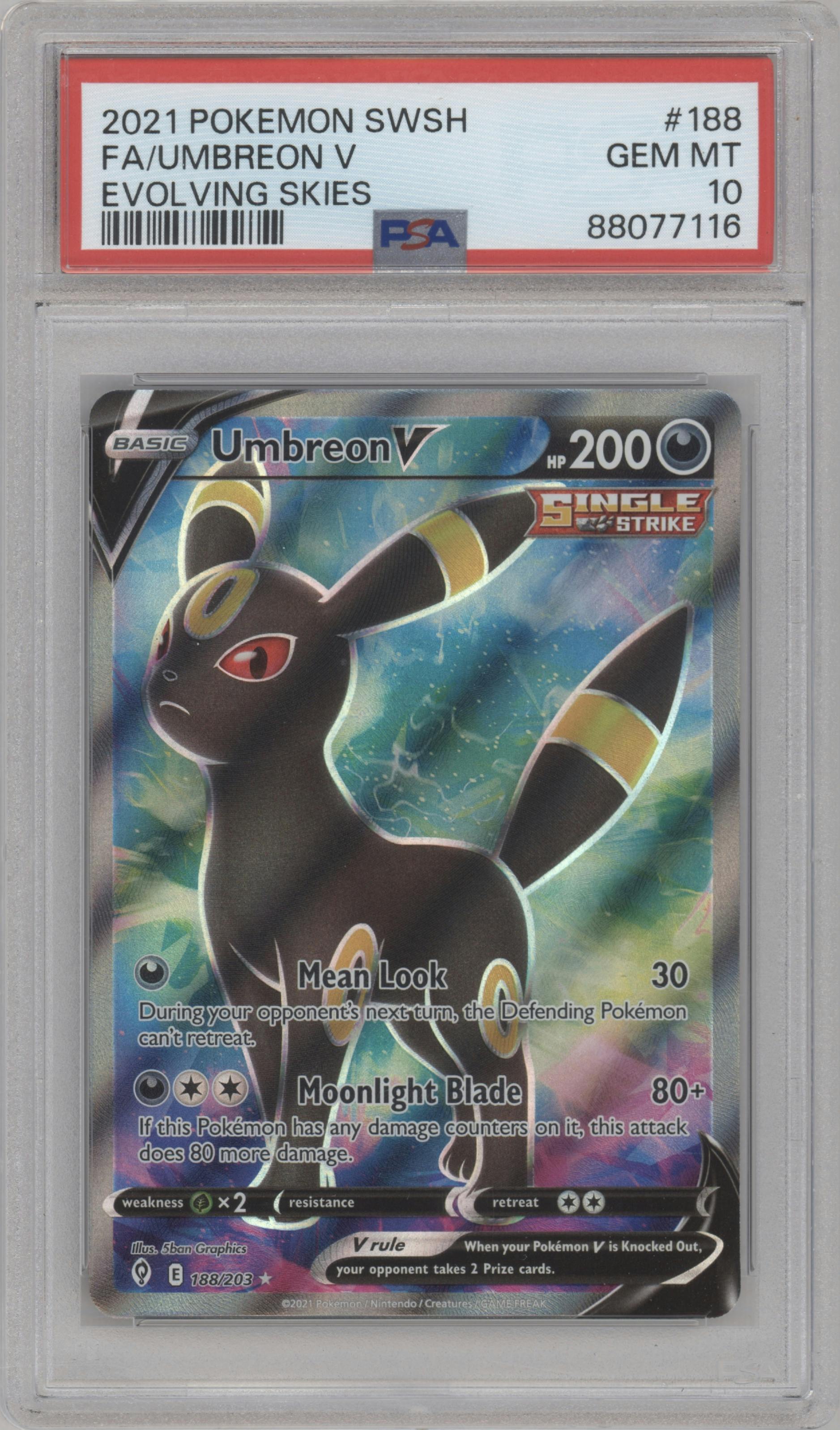 Umbreon V from the 2021 Pokemon SWSH set graded by PSA and given an overall grade of 10.