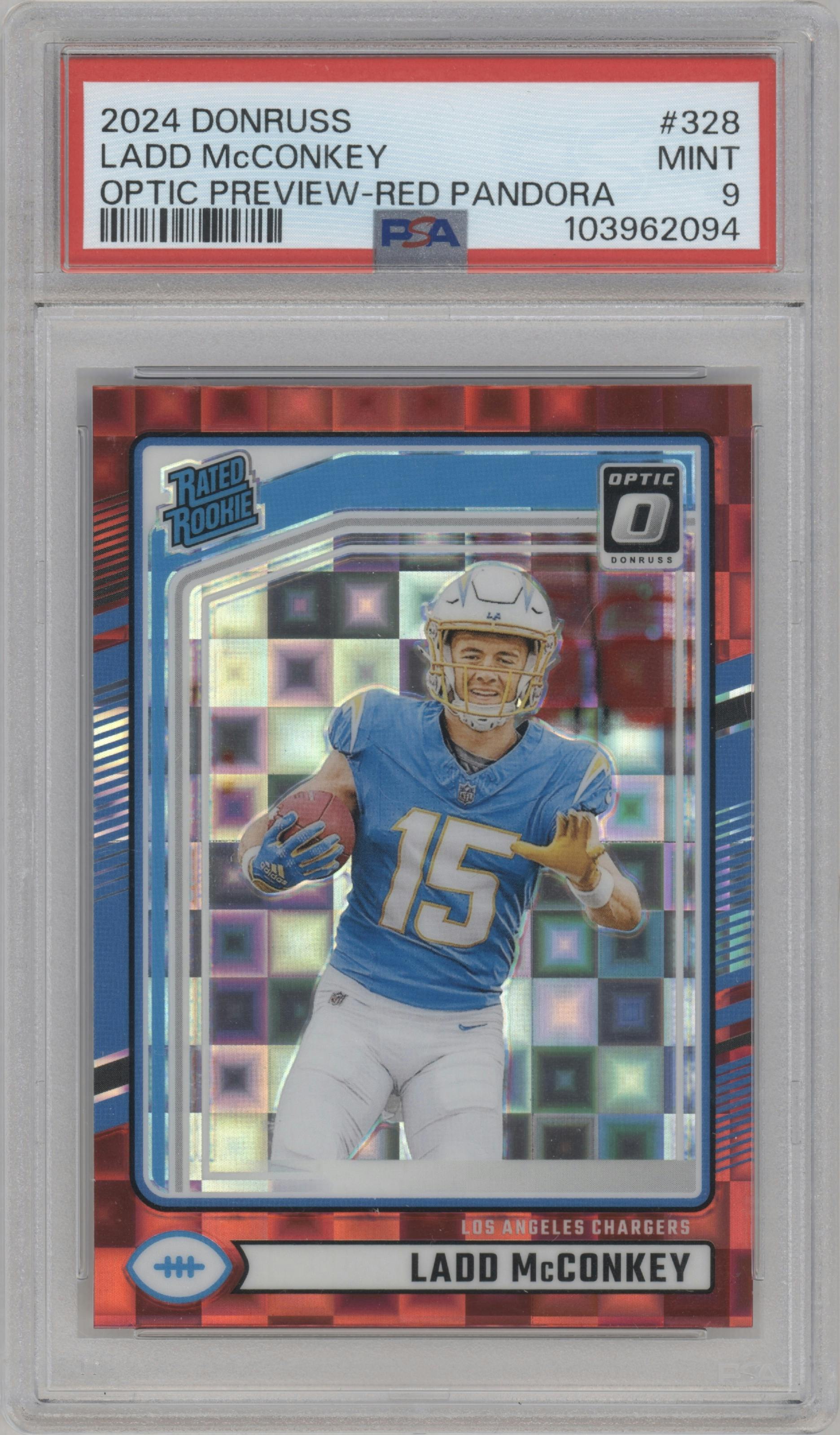 Ladd McConkey from the 2024 Donruss set featuring a Red Pandora parallel graded by PSA and given an overall grade of 9.