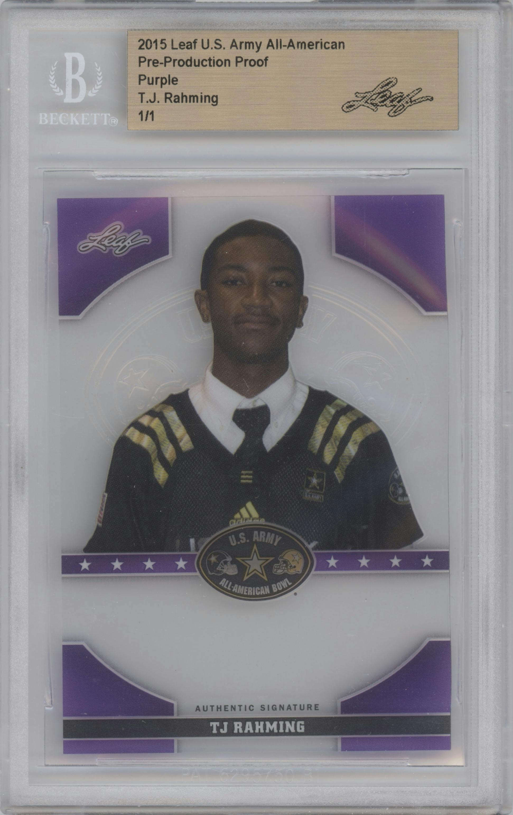 TJ Rahming from the 2015 Leaf US Army All-American set featuring a Pre-Production Proof Purple parallel graded by Beckett.