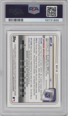 Bobby Witt Jr. from the 2020 Bowman set graded by PSA and given an overall grade of 10.